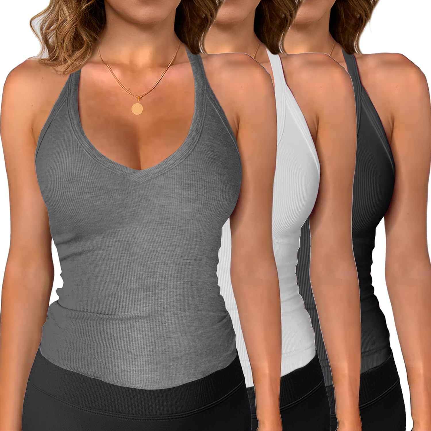 iGENJUN 3 Pack Workout Tops for Women Racerback Basic Tank Summer 2025 Camisole V Neck Slim Fit Ribbed Sleeveless - Image 13