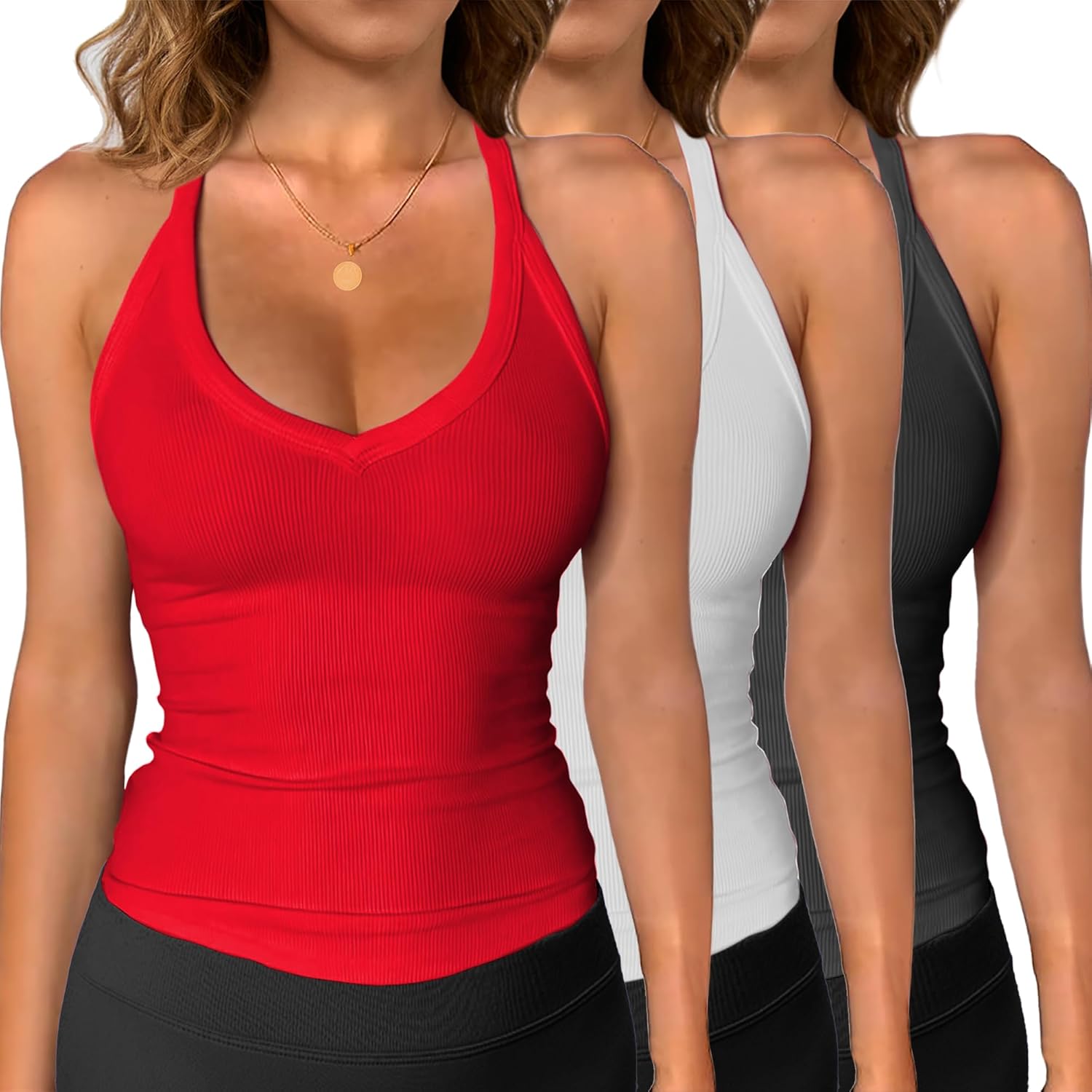 iGENJUN 3 Pack Workout Tops for Women Racerback Basic Tank Summer 2025 Camisole V Neck Slim Fit Ribbed Sleeveless - Image 7
