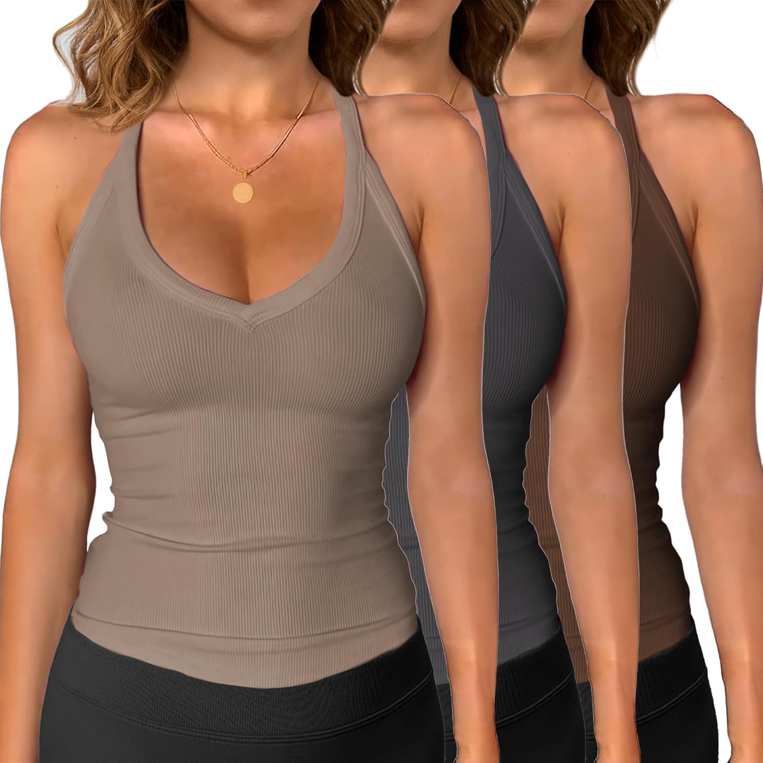 iGENJUN 3 Pack Workout Tops for Women Racerback Basic Tank Summer 2025 Camisole V Neck Slim Fit Ribbed Sleeveless - Image 9