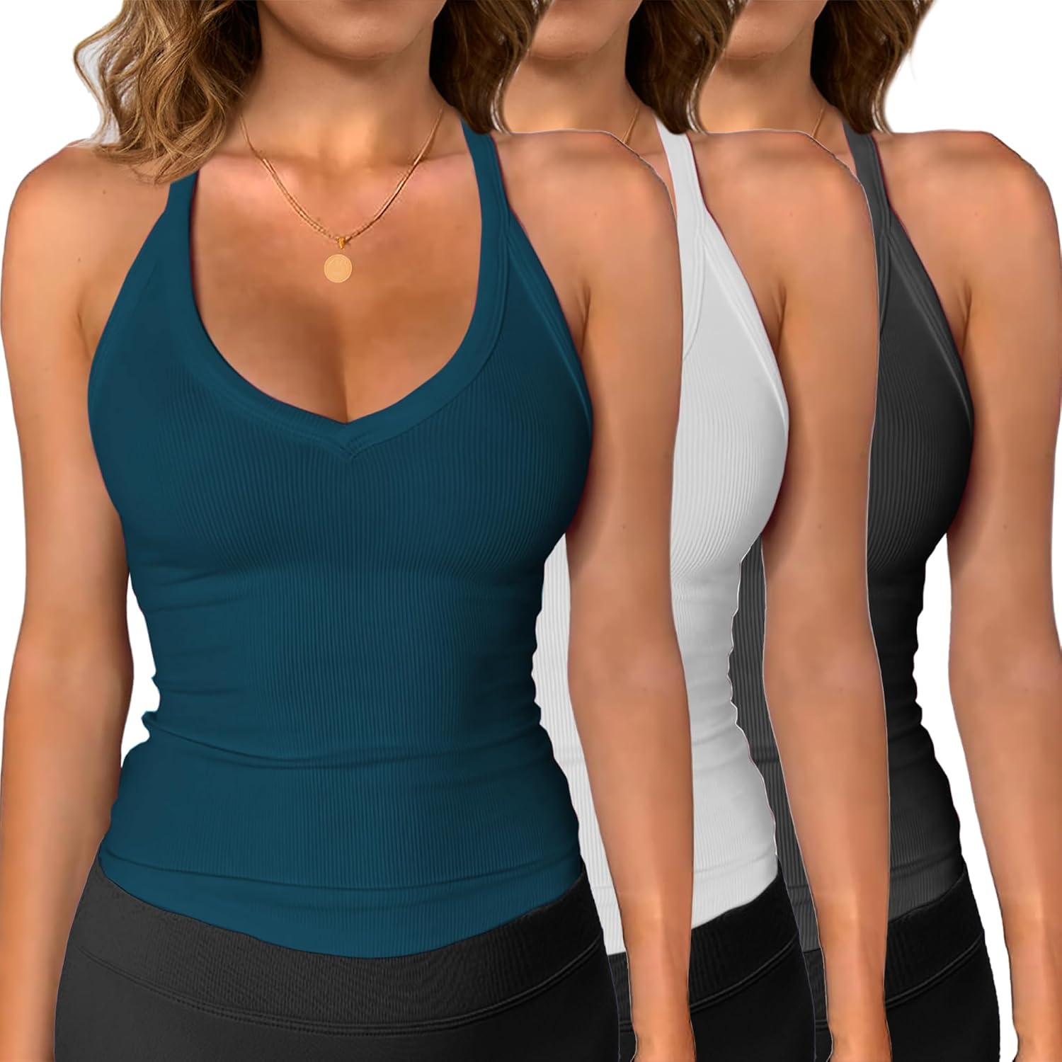 iGENJUN 3 Pack Workout Tops for Women Racerback Basic Tank Summer 2025 Camisole V Neck Slim Fit Ribbed Sleeveless - Image 8
