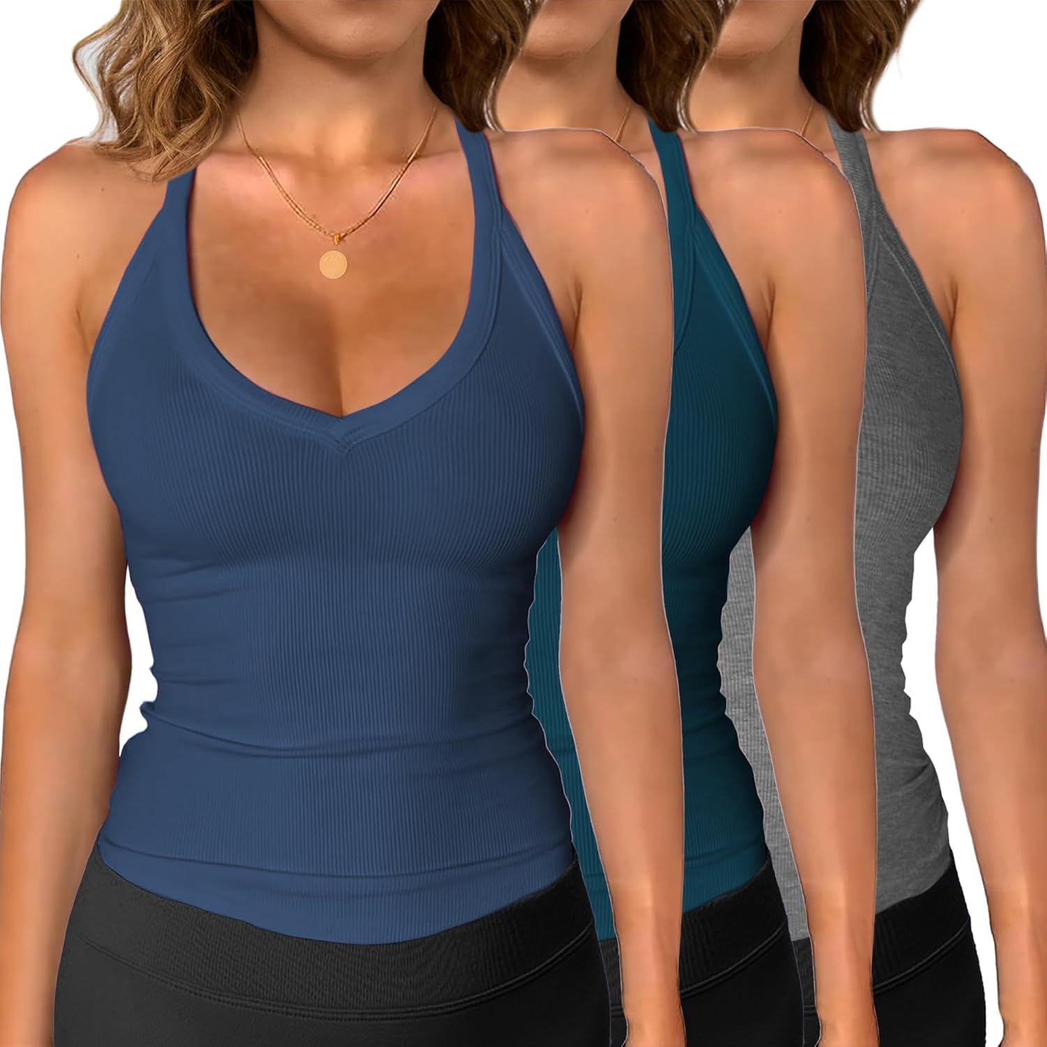 iGENJUN 3 Pack Workout Tops for Women Racerback Basic Tank Summer 2025 Camisole V Neck Slim Fit Ribbed Sleeveless - Image 10