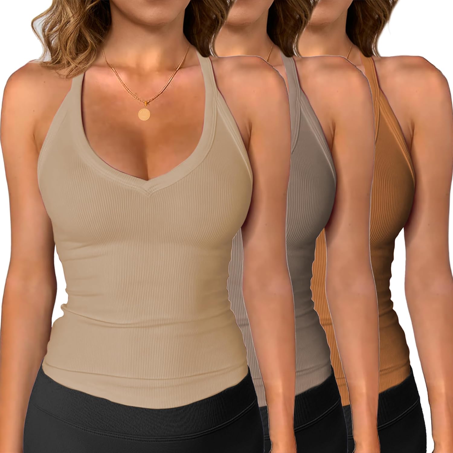 iGENJUN 3 Pack Workout Tops for Women Racerback Basic Tank Summer 2025 Camisole V Neck Slim Fit Ribbed Sleeveless