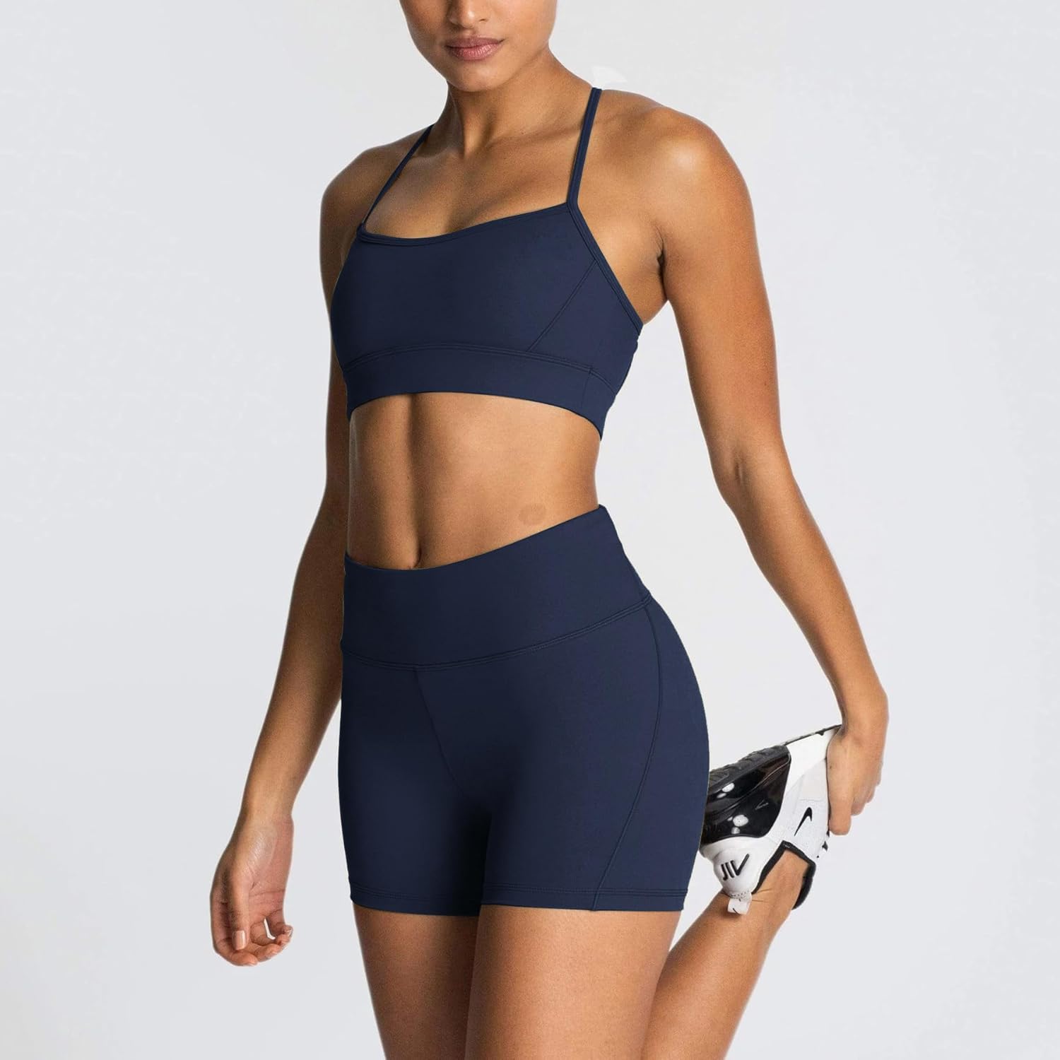 IWEMEK Women's Workout Sets 2 Piece Yoga Outfits High Waisted Biker Shorts and Cross Back Sports Bra Gym Set - Image 5