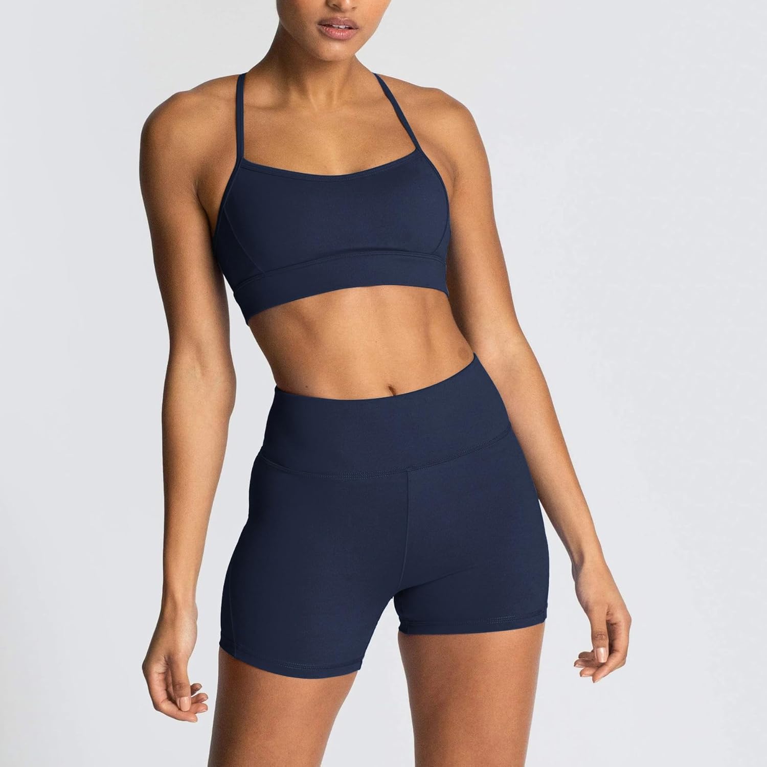 IWEMEK Women's Workout Sets 2 Piece Yoga Outfits High Waisted Biker Shorts and Cross Back Sports Bra Gym Set - Image 3