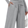 LILLUSORY Womens Boat Neck Long Sleeve Side Ruching Asymmetric Hem Top Wide Leg Pants 2 Piece Casual Lounge Set with Pockets