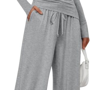 LILLUSORY Womens Boat Neck Long Sleeve Side Ruching Asymmetric Hem Top Wide Leg Pants 2 Piece Casual Lounge Set with Pockets