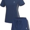 Little Donkey Andy Women 2 Piece Workout Sets Slim Fit Shirt and Mesh Short with Pocket Running Gym Sport Tracksuit Sets