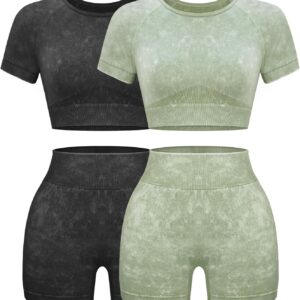 OLCHEE Womens Workout Sets 2 Piece - Seamless Acid Wash Yoga Outfits Shorts and Crop Top Matching Gym Athletic Clothing Set