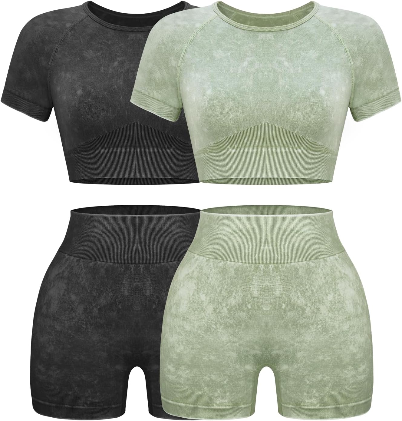 OLCHEE Womens Workout Sets 2 Piece - Seamless Acid Wash Yoga Outfits Shorts and Crop Top Matching Gym Athletic Clothing Set
