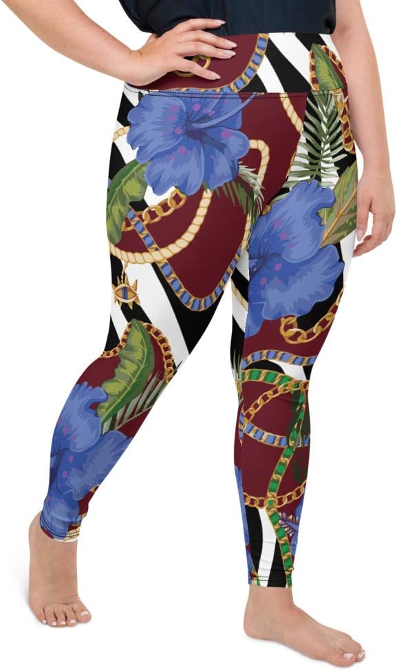 Plus Size Leggings for Women Girls Blue Flowery Frost Maroon White Yoga Pants - Image 3