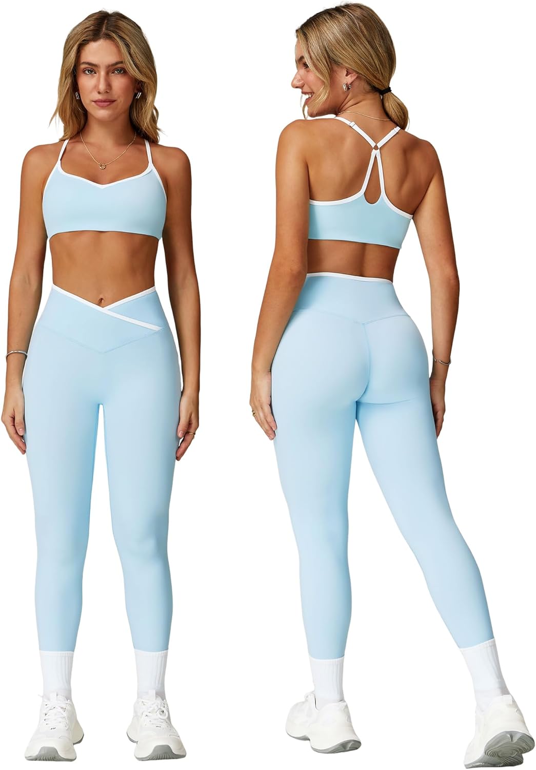 PQBPQB Women 2 Piece Workout Sets ColorBlock Cross Back Sports Bra High Waist Tummy Control Active Leggings Yoga Outfit - Image 7