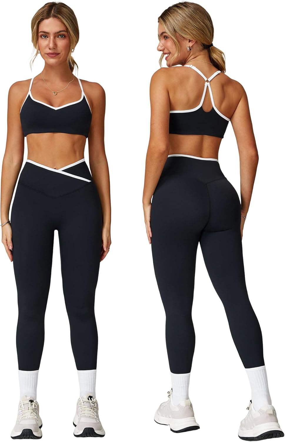 PQBPQB Women 2 Piece Workout Sets ColorBlock Cross Back Sports Bra High Waist Tummy Control Active Leggings Yoga Outfit - Image 6
