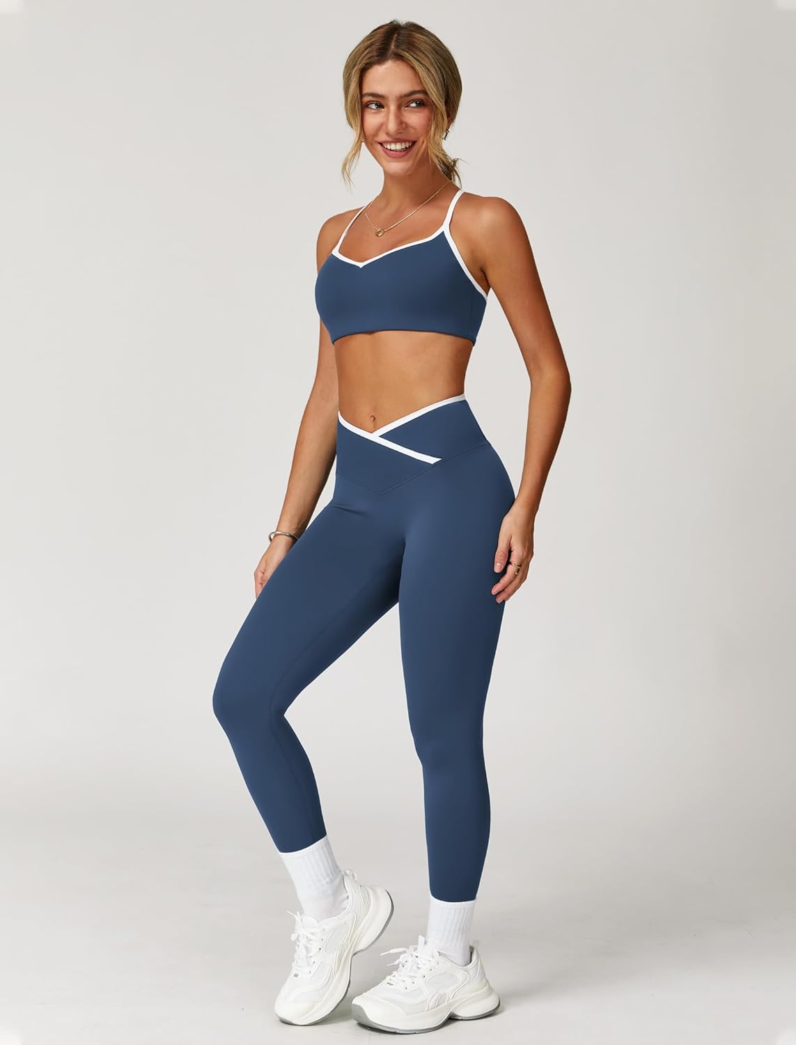 PQBPQB Women 2 Piece Workout Sets ColorBlock Cross Back Sports Bra High Waist Tummy Control Active Leggings Yoga Outfit - Image 4