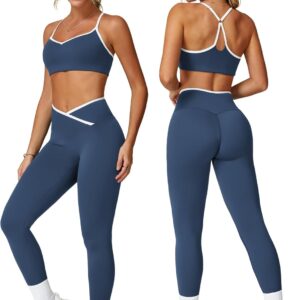PQBPQB Women 2 Piece Workout Sets ColorBlock Cross Back Sports Bra High Waist Tummy Control Active Leggings Yoga Outfit