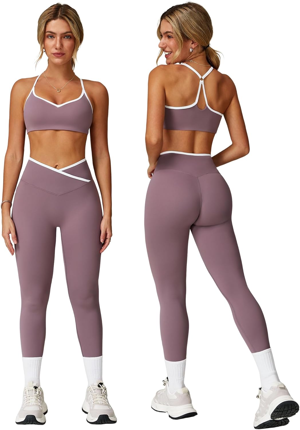 PQBPQB Women 2 Piece Workout Sets ColorBlock Cross Back Sports Bra High Waist Tummy Control Active Leggings Yoga Outfit - Image 9