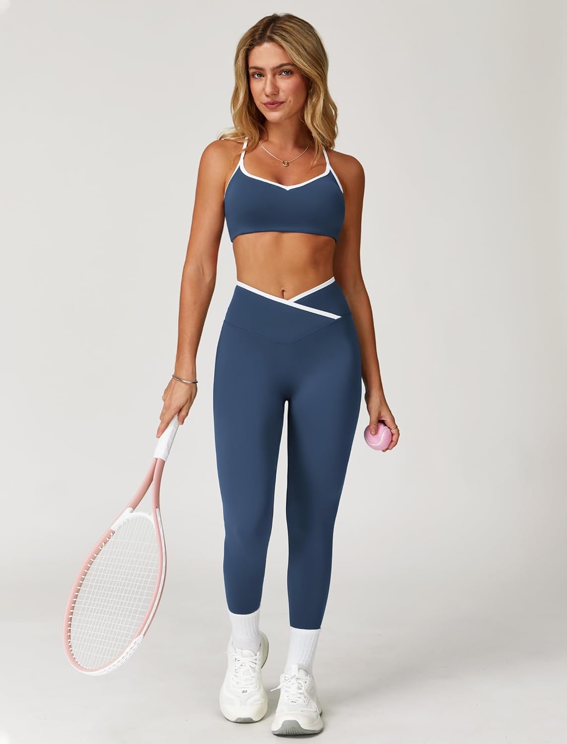 PQBPQB Women 2 Piece Workout Sets ColorBlock Cross Back Sports Bra High Waist Tummy Control Active Leggings Yoga Outfit - Image 2