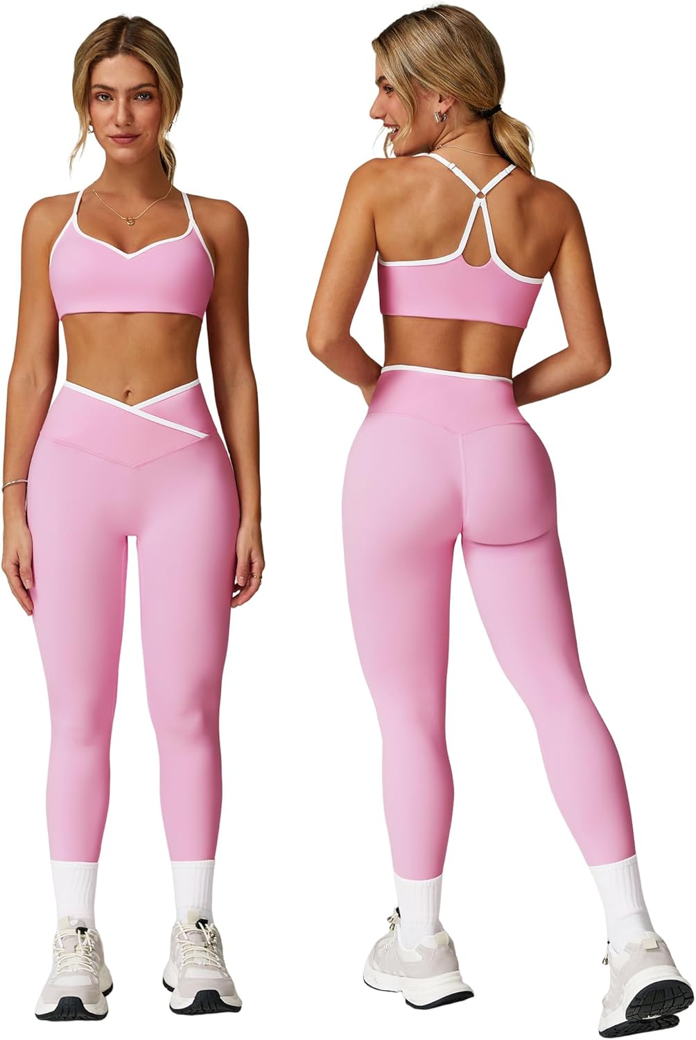 PQBPQB Women 2 Piece Workout Sets ColorBlock Cross Back Sports Bra High Waist Tummy Control Active Leggings Yoga Outfit - Image 8
