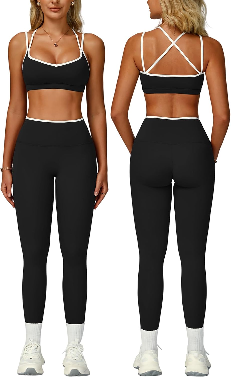 PQBPQB Women 2 Piece Workout Sets Cross Back ColorBlock Sports Bra High Waist Tummy Control Active Leggings Yoga Outfit - Image 9