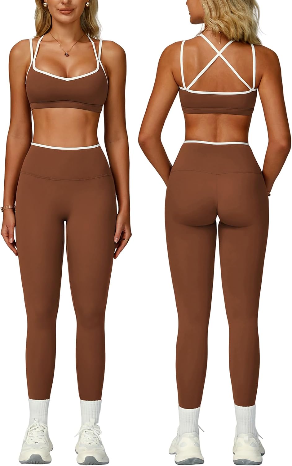 PQBPQB Women 2 Piece Workout Sets Cross Back ColorBlock Sports Bra High Waist Tummy Control Active Leggings Yoga Outfit - Image 7