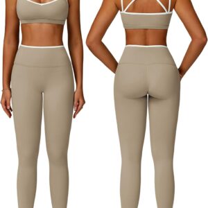 PQBPQB Women 2 Piece Workout Sets Cross Back ColorBlock Sports Bra High Waist Tummy Control Active Leggings Yoga Outfit