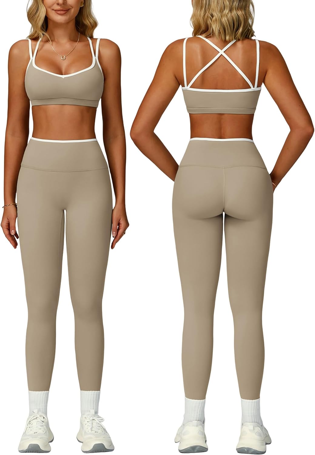 PQBPQB Women 2 Piece Workout Sets Cross Back ColorBlock Sports Bra High Waist Tummy Control Active Leggings Yoga Outfit