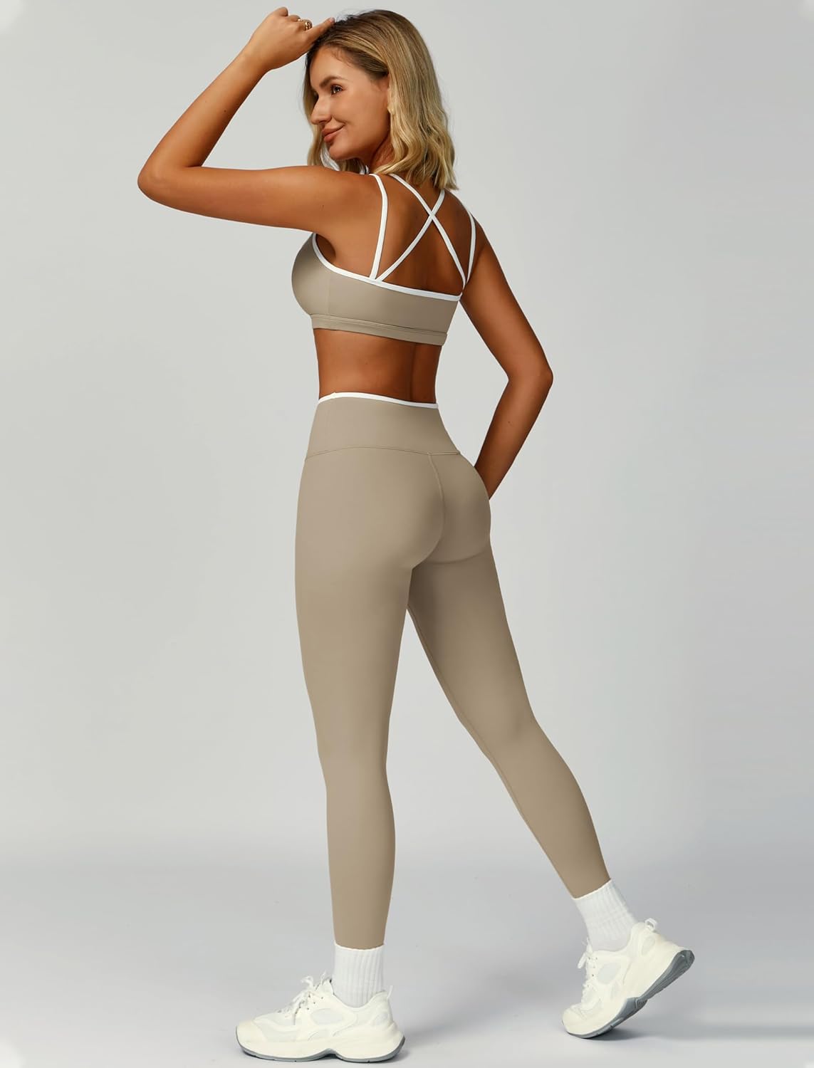 PQBPQB Women 2 Piece Workout Sets Cross Back ColorBlock Sports Bra High Waist Tummy Control Active Leggings Yoga Outfit - Image 2