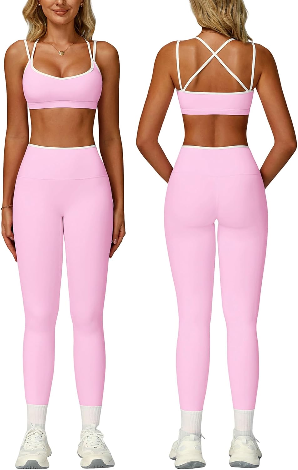 PQBPQB Women 2 Piece Workout Sets Cross Back ColorBlock Sports Bra High Waist Tummy Control Active Leggings Yoga Outfit - Image 8