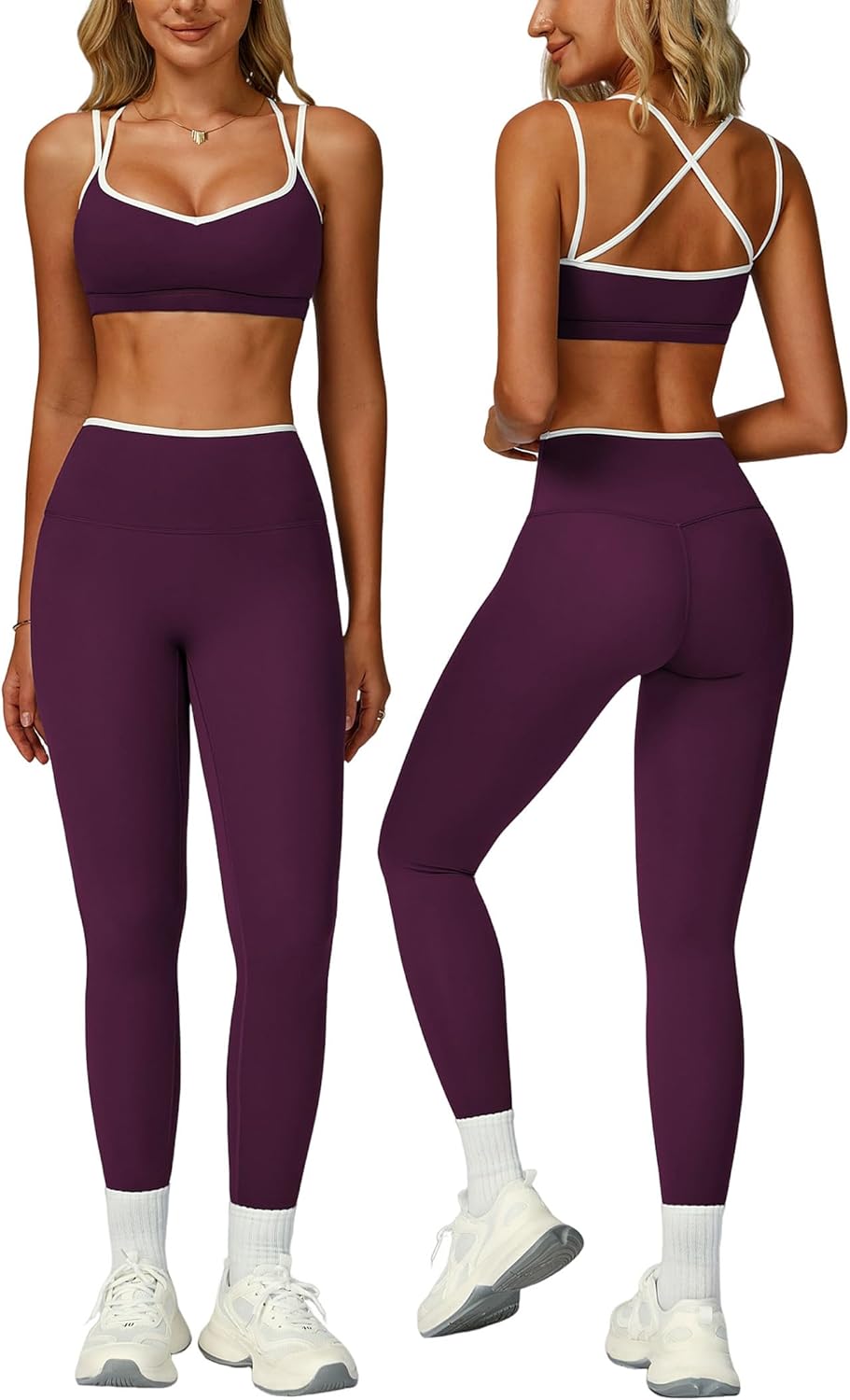 PQBPQB Women 2 Piece Workout Sets Cross Back ColorBlock Sports Bra High Waist Tummy Control Active Leggings Yoga Outfit - Image 6