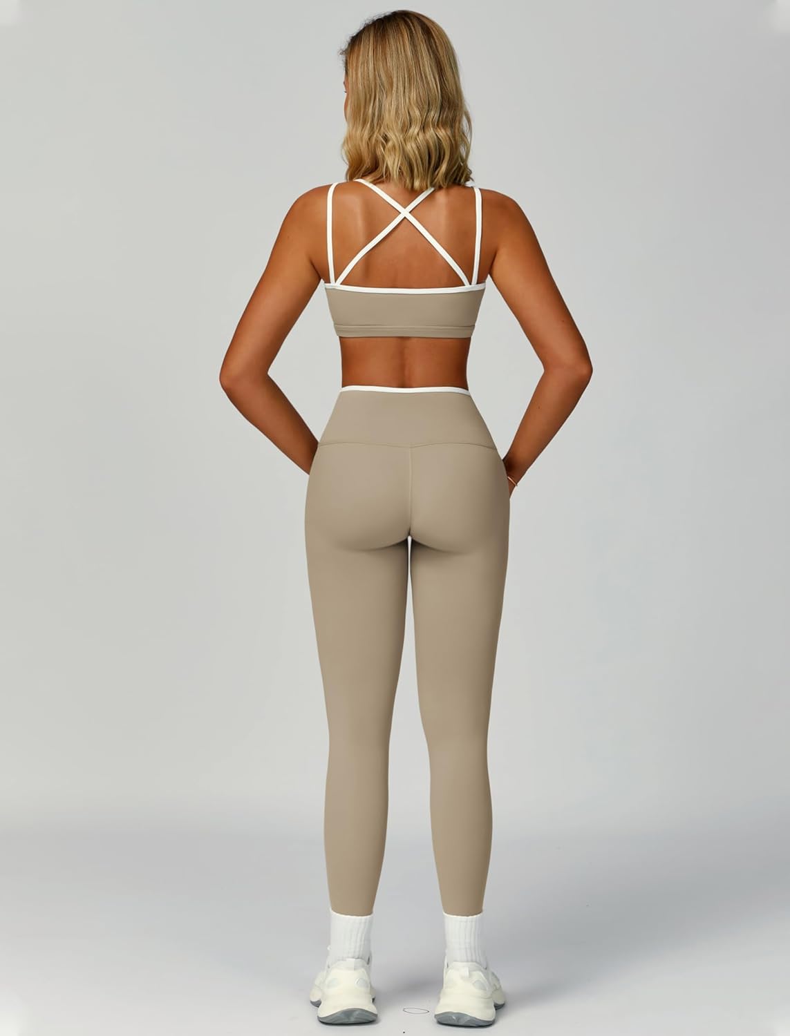 PQBPQB Women 2 Piece Workout Sets Cross Back ColorBlock Sports Bra High Waist Tummy Control Active Leggings Yoga Outfit - Image 3