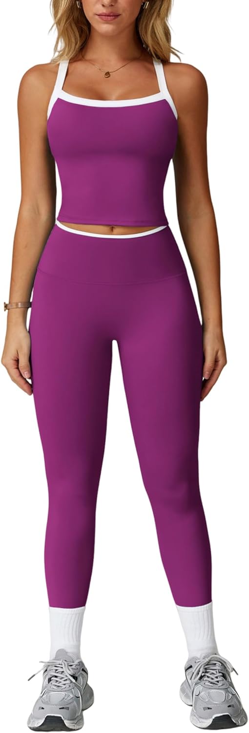 PQBPQB Women 2 Piece Workout Sets Padded Criss Cross Back Crop Tank High Waist Tummy Control Active Leggings Sets Yoga Outfit - Image 18