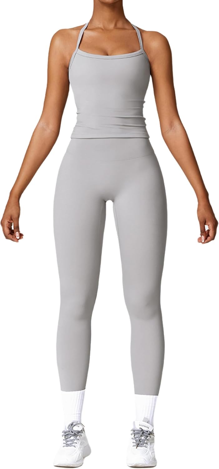 PQBPQB Women 2 Piece Workout Sets Padded Criss Cross Back Crop Tank High Waist Tummy Control Active Leggings Sets Yoga Outfit - Image 15