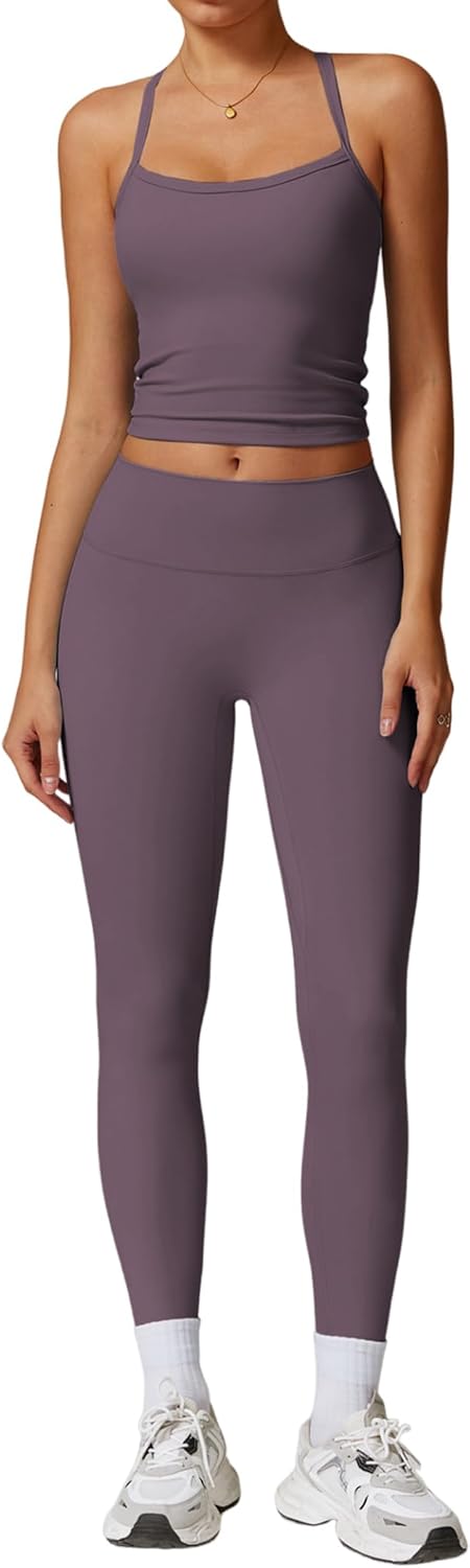 PQBPQB Women 2 Piece Workout Sets Padded Criss Cross Back Crop Tank High Waist Tummy Control Active Leggings Sets Yoga Outfit - Image 9