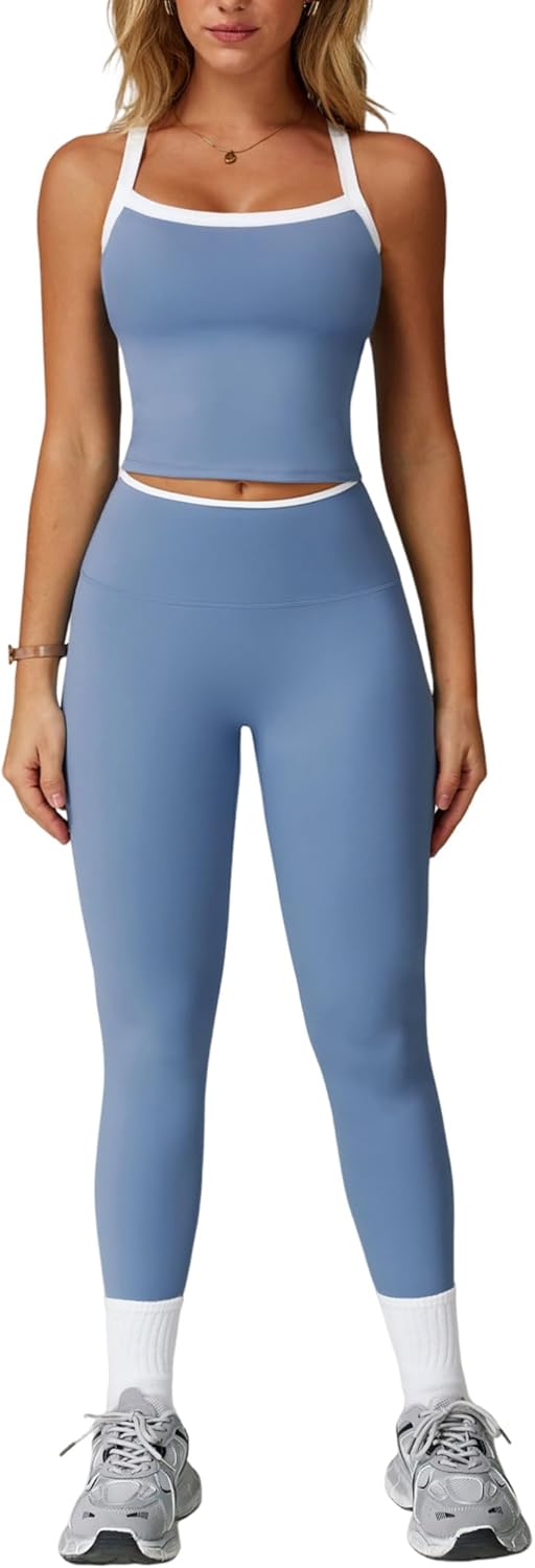 PQBPQB Women 2 Piece Workout Sets Padded Criss Cross Back Crop Tank High Waist Tummy Control Active Leggings Sets Yoga Outfit - Image 25