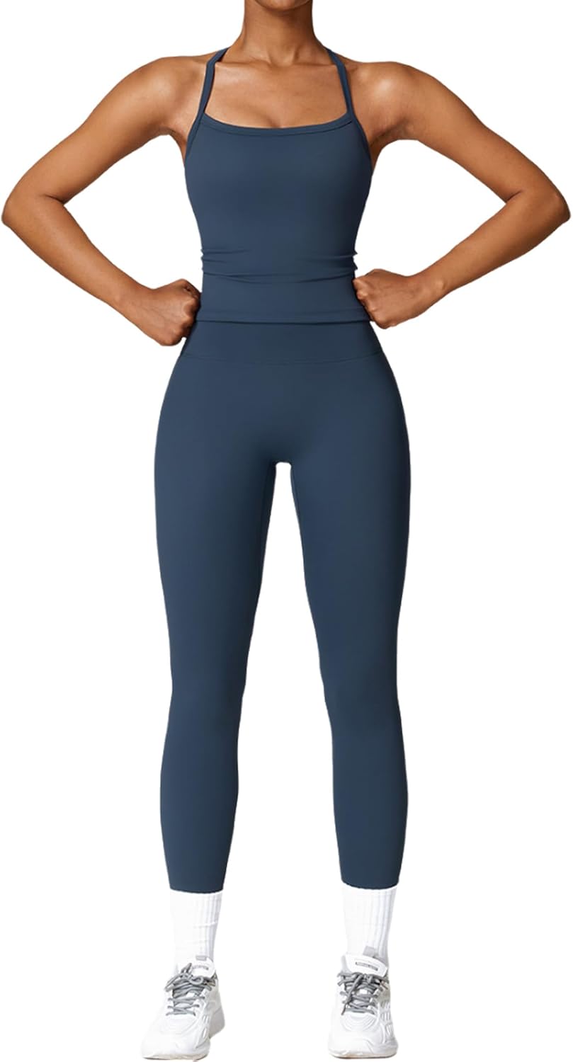 PQBPQB Women 2 Piece Workout Sets Padded Criss Cross Back Crop Tank High Waist Tummy Control Active Leggings Sets Yoga Outfit - Image 12