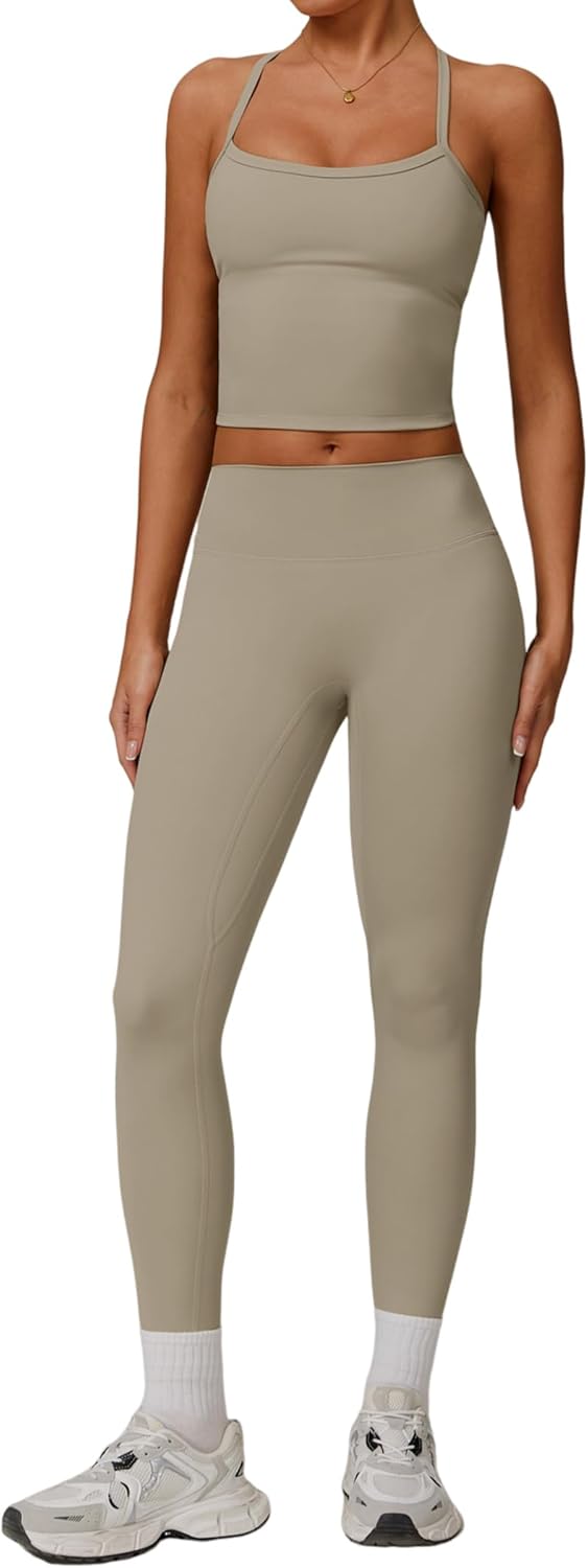 PQBPQB Women 2 Piece Workout Sets Padded Criss Cross Back Crop Tank High Waist Tummy Control Active Leggings Sets Yoga Outfit - Image 13