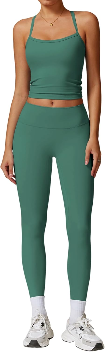 PQBPQB Women 2 Piece Workout Sets Padded Criss Cross Back Crop Tank High Waist Tummy Control Active Leggings Sets Yoga Outfit - Image 19