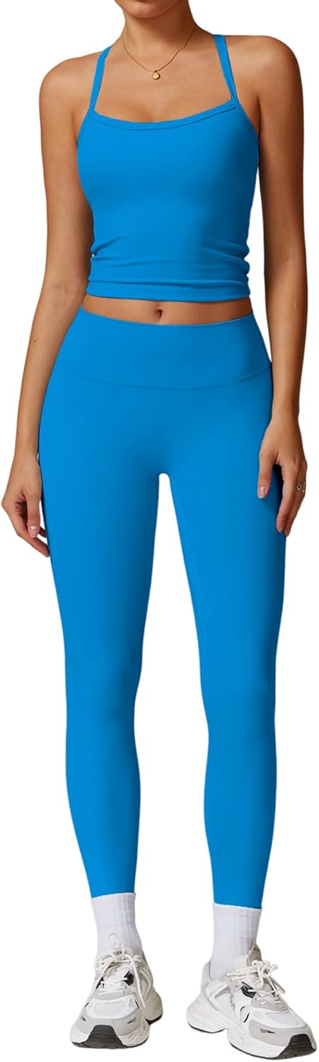 PQBPQB Women 2 Piece Workout Sets Padded Criss Cross Back Crop Tank High Waist Tummy Control Active Leggings Sets Yoga Outfit - Image 21