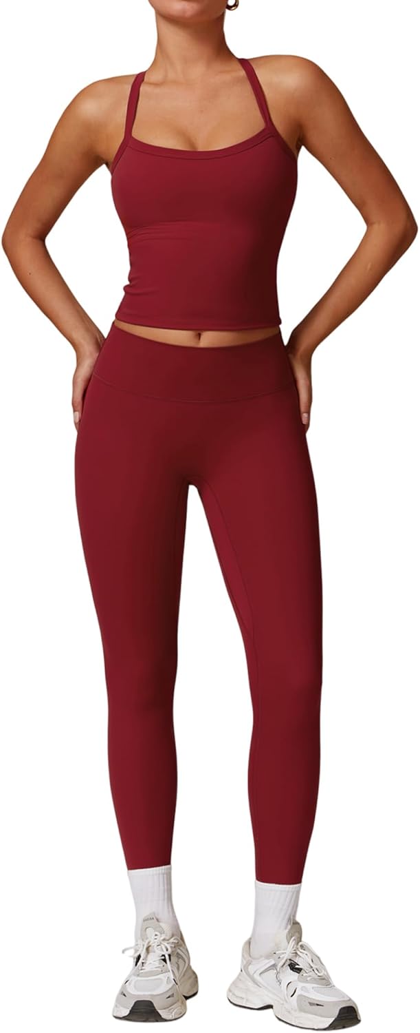 PQBPQB Women 2 Piece Workout Sets Padded Criss Cross Back Crop Tank High Waist Tummy Control Active Leggings Sets Yoga Outfit - Image 8