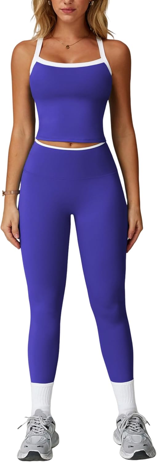 PQBPQB Women 2 Piece Workout Sets Padded Criss Cross Back Crop Tank High Waist Tummy Control Active Leggings Sets Yoga Outfit - Image 10