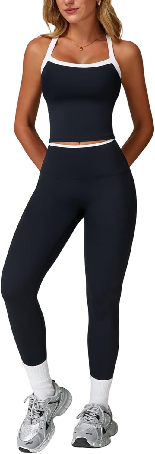 PQBPQB Women 2 Piece Workout Sets Padded Criss Cross Back Crop Tank High Waist Tummy Control Active Leggings Sets Yoga Outfit - Image 20