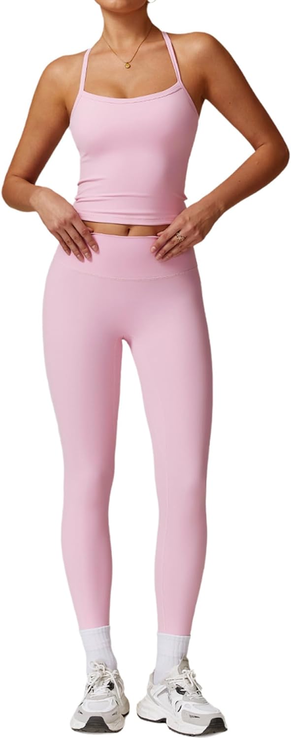 PQBPQB Women 2 Piece Workout Sets Padded Criss Cross Back Crop Tank High Waist Tummy Control Active Leggings Sets Yoga Outfit - Image 26