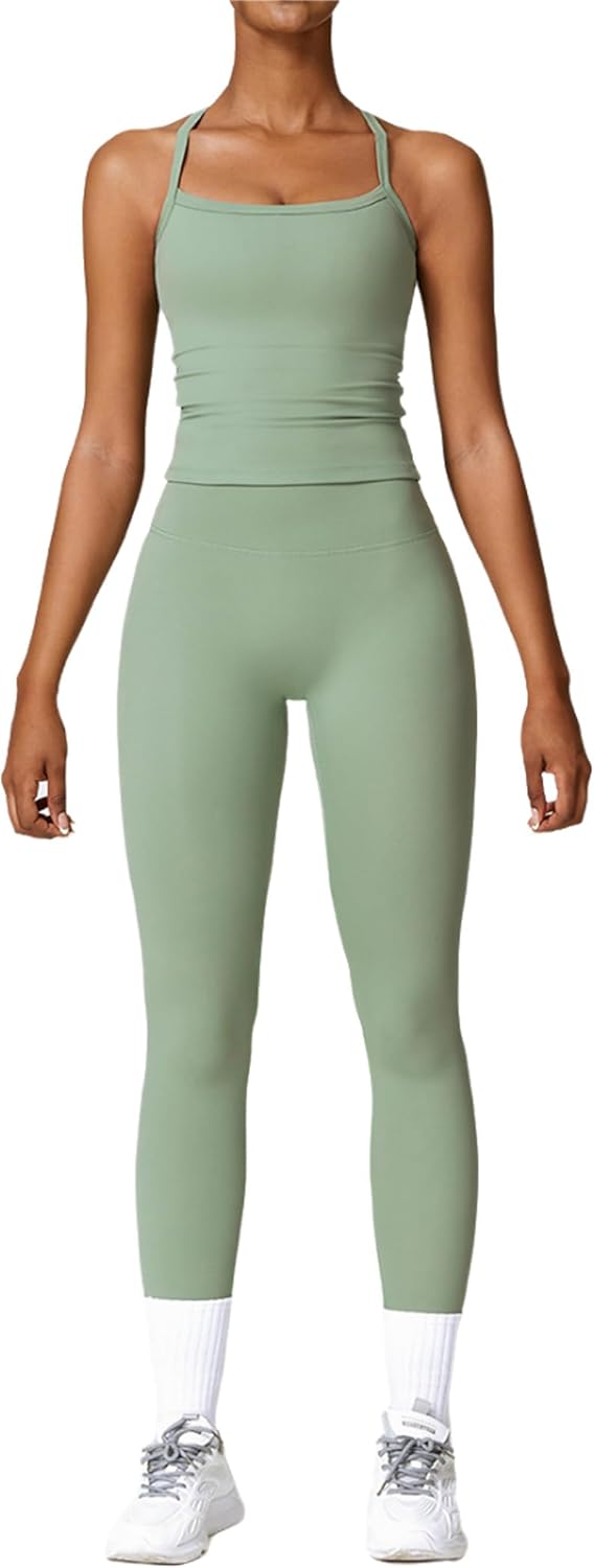 PQBPQB Women 2 Piece Workout Sets Padded Criss Cross Back Crop Tank High Waist Tummy Control Active Leggings Sets Yoga Outfit - Image 14