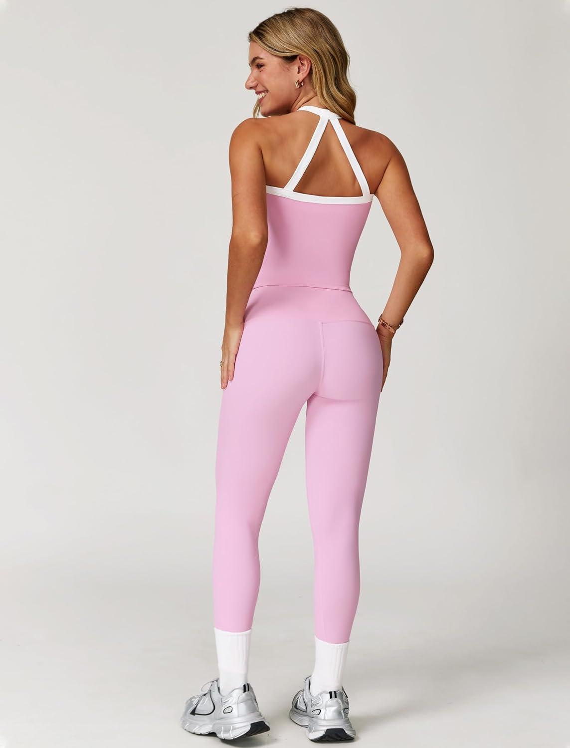 PQBPQB Women 2 Piece Workout Sets Padded Criss Cross Back Crop Tank High Waist Tummy Control Active Leggings Sets Yoga Outfit - Image 4