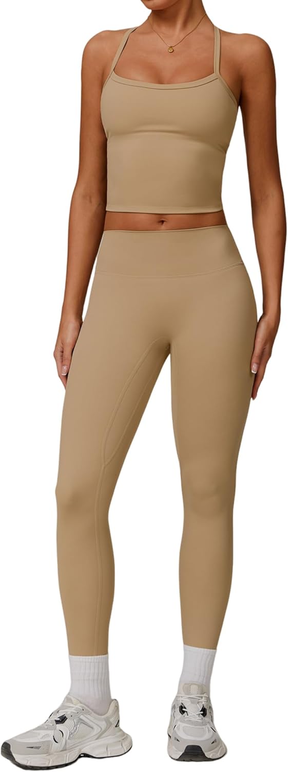 PQBPQB Women 2 Piece Workout Sets Padded Criss Cross Back Crop Tank High Waist Tummy Control Active Leggings Sets Yoga Outfit - Image 27