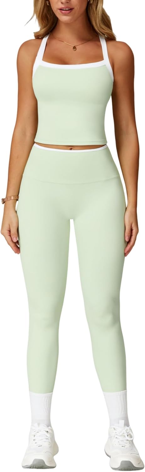 PQBPQB Women 2 Piece Workout Sets Padded Criss Cross Back Crop Tank High Waist Tummy Control Active Leggings Sets Yoga Outfit - Image 22