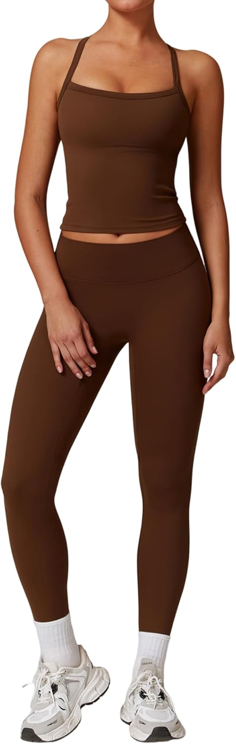 PQBPQB Women 2 Piece Workout Sets Padded Criss Cross Back Crop Tank High Waist Tummy Control Active Leggings Sets Yoga Outfit - Image 23