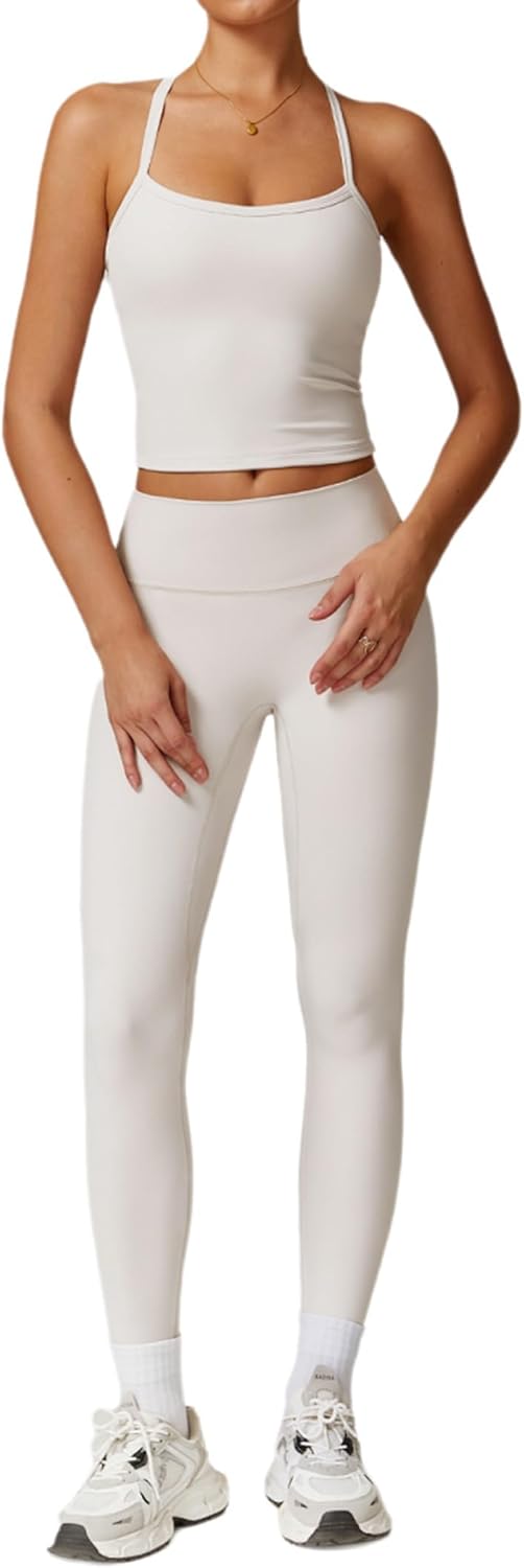 PQBPQB Women 2 Piece Workout Sets Padded Criss Cross Back Crop Tank High Waist Tummy Control Active Leggings Sets Yoga Outfit - Image 7