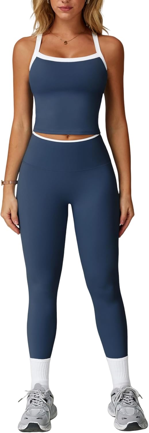 PQBPQB Women 2 Piece Workout Sets Padded Criss Cross Back Crop Tank High Waist Tummy Control Active Leggings Sets Yoga Outfit - Image 11