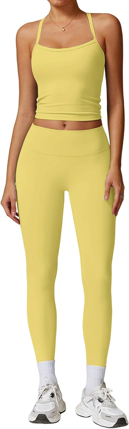 PQBPQB Women 2 Piece Workout Sets Padded Criss Cross Back Crop Tank High Waist Tummy Control Active Leggings Sets Yoga Outfit - Image 24