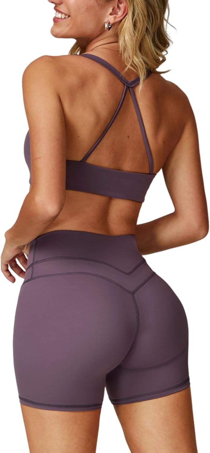 QBGJTD Women 2 Piece Workout Back Sets Sports Bras Matching High Waist Booty Lifting Shorts Gym Yoga Jogger Wear Outfits - Image 8